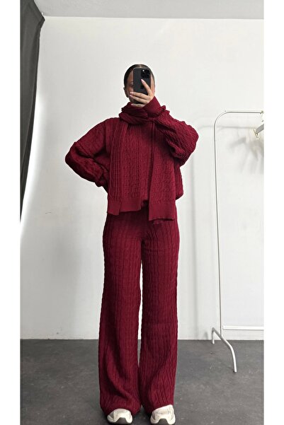 nona butik Shawl Detail Three-Piece Set - Burgundy