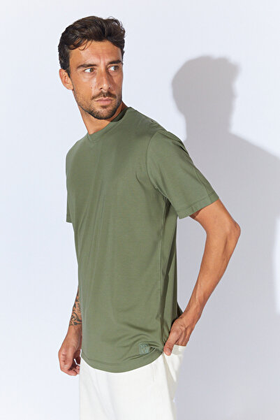 Manche Logo με τύπωμα Basic T-Shirt με λαιμόκοψη - Χακί |   MSES215722-1