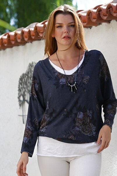 Chiccy Italian Navy Blue Pool Collar Long Sleeve Patterned Thin Two-Piece Set Inside Sleeveless Combed Knitwear Blouse 70 60