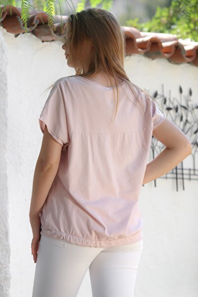 Chiccy Italian Powder Round Neck Low Sleeve Tie-Up Allover Embroidered Cotton Woven Blouse 68 65
