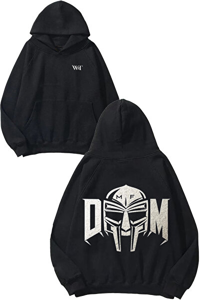 THEWERT Hanorac negru cu glugă cu imprimeu pe spate Mf Doom 3 Design