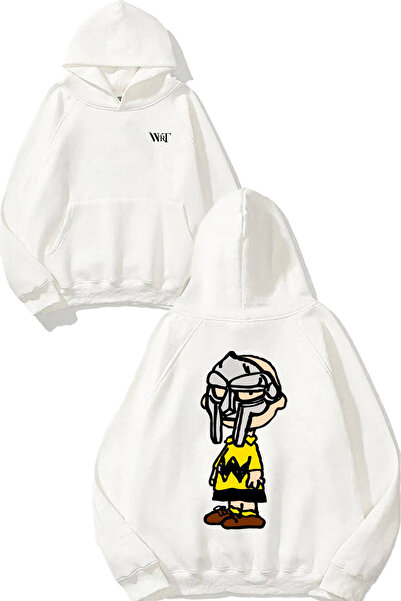 THEWERT Hanorac alb cu glugă cu imprimeu pe spate Mf Doom 7 Design