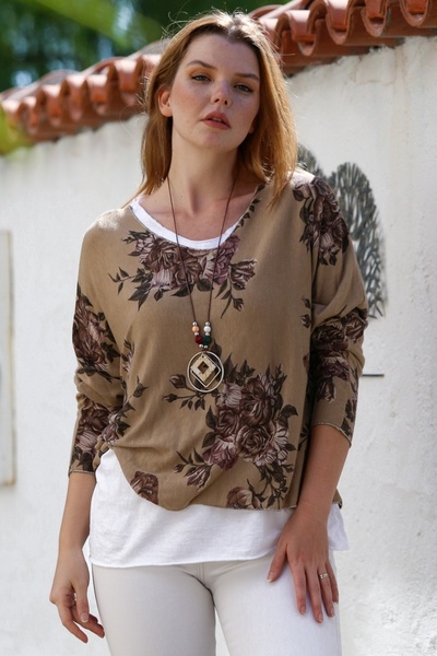 Chiccy Italian Camel Pool Collar Long Sleeve Patterned Thin Two-Piece Set Inside Sleeveless Combed Knitwear Blouse 70 60