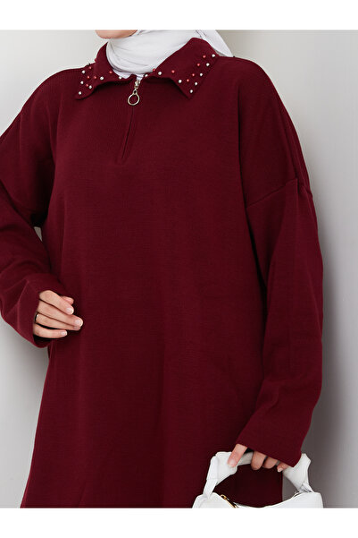 MY QILAM Women's Hijab Set Zippered Pearl Detailed Shirt Collar Knitwear Bottom Top Set Burgundy
