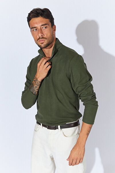 Manche Yarım Fermuarlı Balıkçı Yaka Sweatshirt - Haki | MEW224831-01