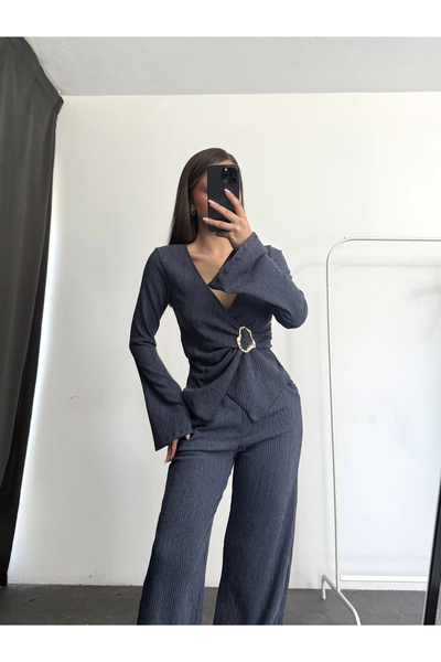 nona butik Double-Breasted Buckle Suit - Navy Blue