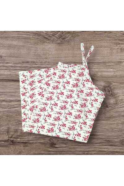 ESTA STORE Red and White Floral Patterned Tank Top with String Straps