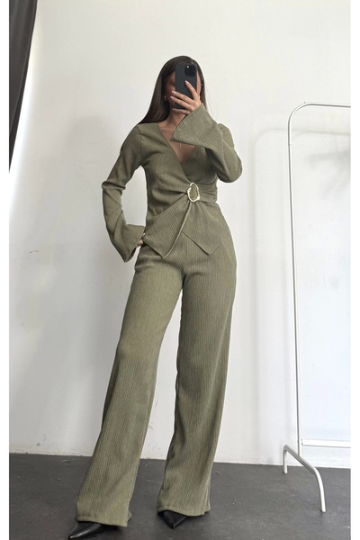 nona butik Double-Breasted Buckle Suit - Khaki
