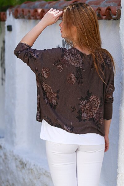 Chiccy Italian Brown Pool Collar Long Sleeve Patterned Thin Two-Piece Set Inside Sleeveless Combed Knitwear Blouse 70 60