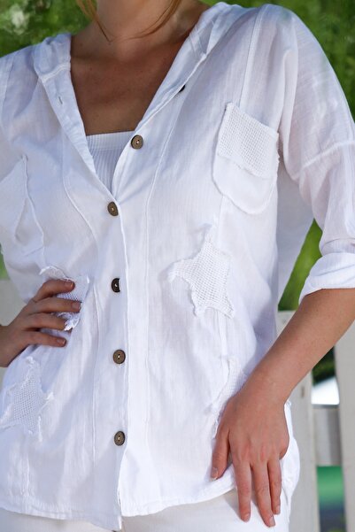 Chiccy Органічна бавовна Біла капюшонна куртка на ґудзиках з довгими рукавами, кишенями, сітчастими деталями та аплікаціями 70 60