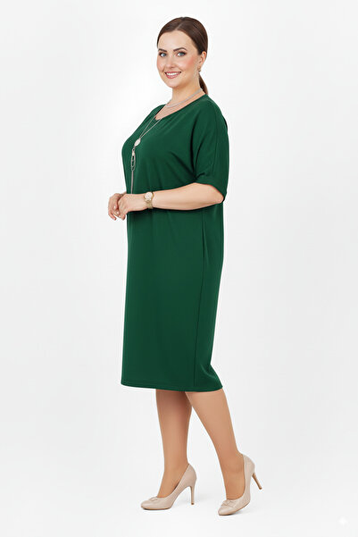 Barato Linen Plus Size Pocket Detailed Green Premium Dress