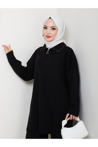 MY QILAM Women's Hijab Set Zippered Pearl Detailed Shirt Collar Knitwear Bottom Top Set Black