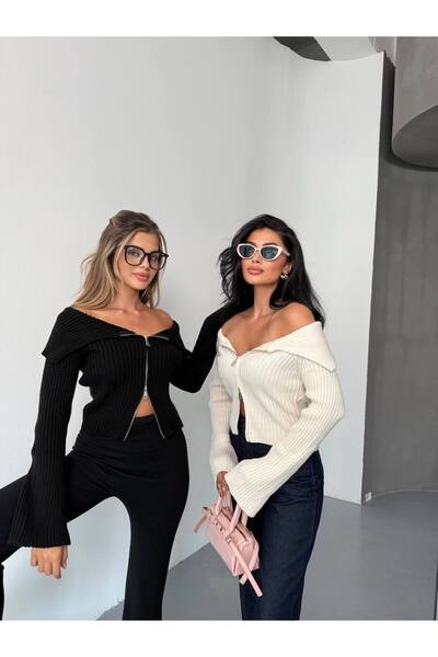 AFA COLLECTION Ecru Spanish Sleeve Degaje Collar Zippered Knitted Women's Knitwear Crop Sweater