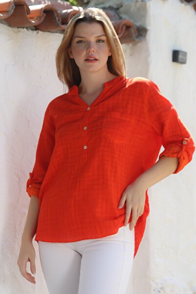 Chiccy Organik Pamuk Turuncu Hakim Yaka Düğmeli Uzun Kollu Dokulu Tek Cepli Yıkamalı Dokuma Bluz 70 60
