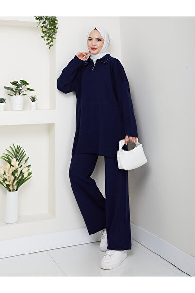 MY QILAM Women's Hijab Set Zippered Pearl Detailed Shirt Collar Knitwear Bottom Top Set Navy Blue