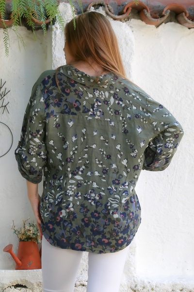 Chiccy Italian Khaki Shirt Collar Buttoned Long Sleeve Floral Linen Woven Shirt 76 63