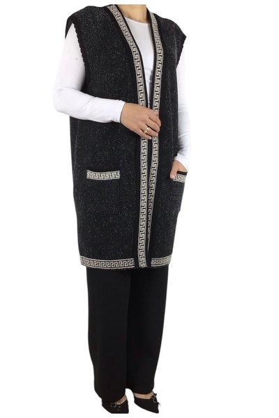 ECE GİYİM Women's Thick Plus Size Vest with Three Buttons on the Front, Patterned Pockets