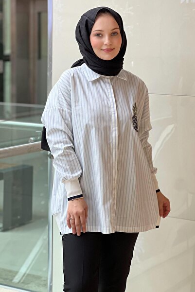 Mahal Crochet Knitwear Ribbed Detailed Embroidered Striped Poplin Shirt