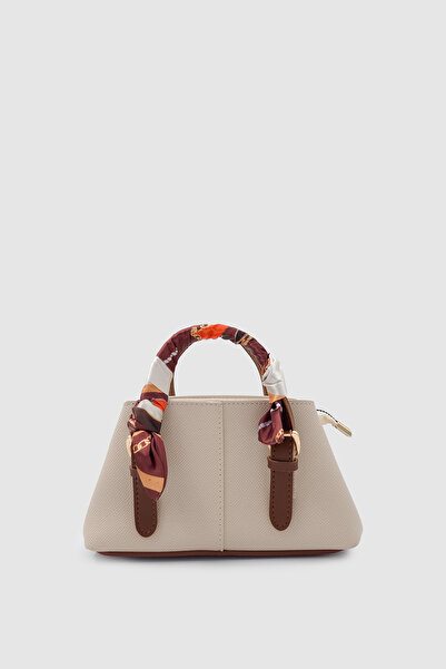 Wuclo Coris Fularlı Saplı Mini Boy Çapraz Askılı El Çantası Krem-Taba
