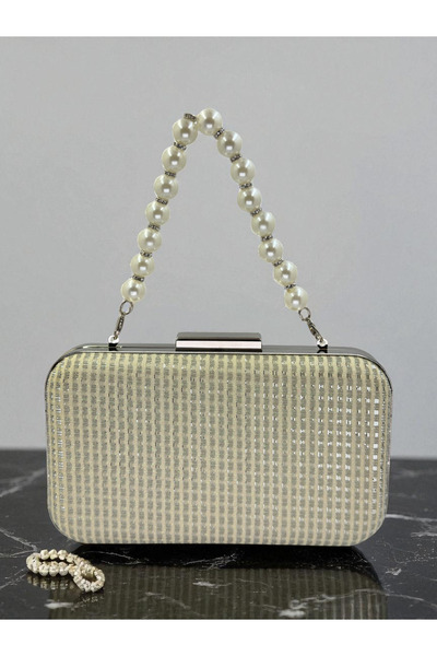 Wedding Fashion Ecru Color Pearl Handle Glitter Wire Wrapping Women's Evening Dress Bag Wedding Engagement Graduation