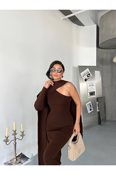 codudem Omzu açık şal detaylı triko kışlık romantik uzun elbise