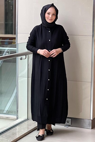 Mahal Crochet Knitwear Ribbed Detailed Max Length Knitwear Rayon Cardigan