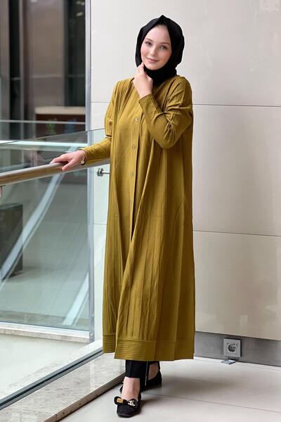 Mahal Crochet Knitwear Ribbed Detailed Max Length Knitwear Rayon Cardigan