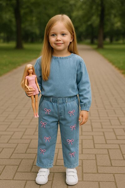 Minavkids Kurdele nakışlı açık mavi renkli kız kot pantolon