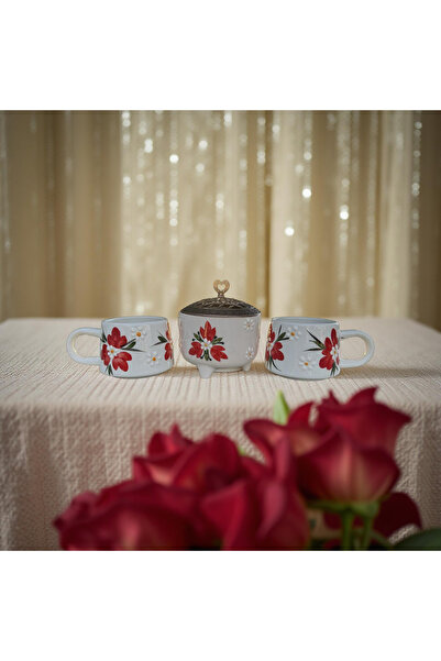 İlbay Çini Takı 2 Mugs with Red Crocus Flower Pattern and 1 Sugar Bowl