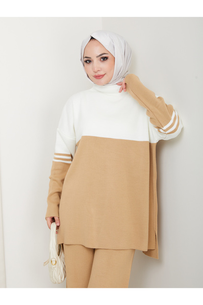 MY QILAM Women's Hijab Set Two Colors Half Turtleneck Knitwear Bottom Top Set Beige
