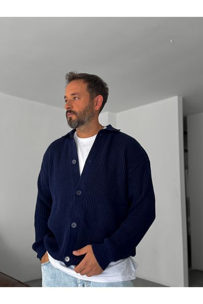 BYBASICMAN Navy Blue Buttoned Oversize Knit Cardigan Df-002