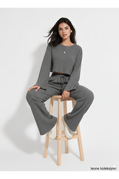 LEONE KOLEKSİYON Σετ από πλεκτό ύφασμα ανθρακί κοτλέ & παντελόνι με φαρδύ πόδι