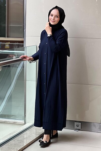 Mahal Crochet Knitwear Ribbed Detailed Max Length Knitwear Rayon Cardigan