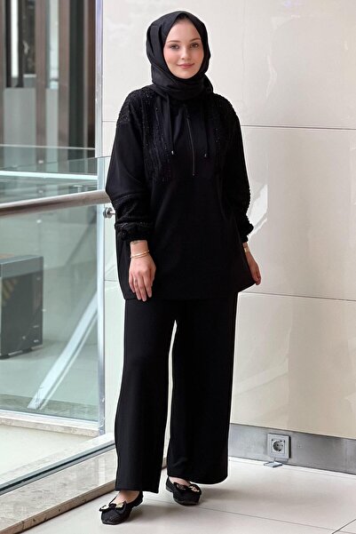 Mahal Crochet Knit Embossed Mesh Combination Tunic Pants Set