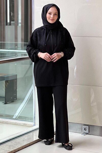 Mahal Crochet Knit Embossed Mesh Combination Tunic Pants Set