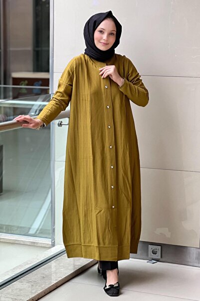 Mahal Crochet Knitwear Ribbed Detailed Max Length Knitwear Rayon Cardigan