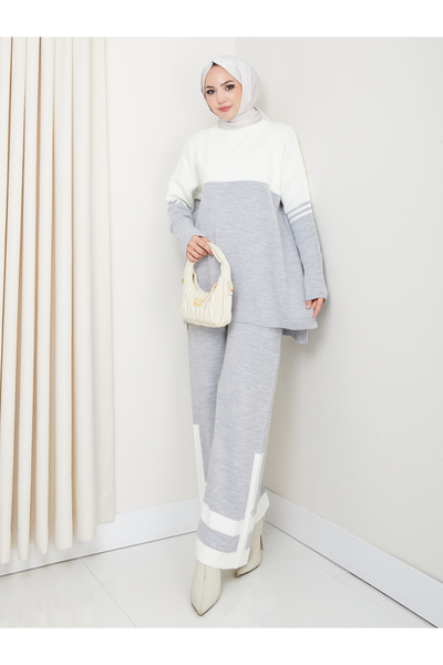 MY QILAM Women's Hijab Set Two Colors Half Turtleneck Knitwear Bottom Top Set Gray