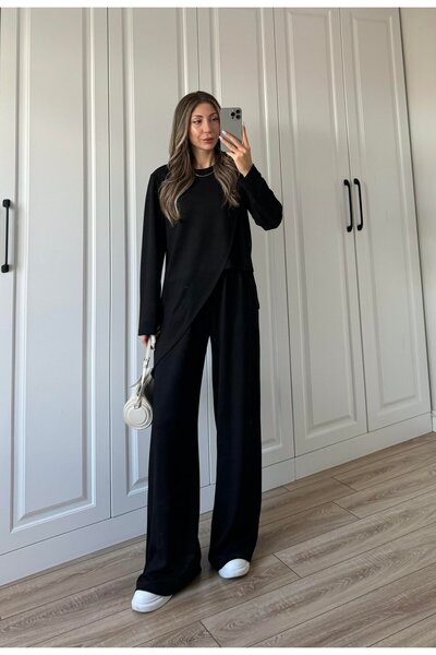 manana fashion Asymmetric Cut Long Sleeve Blouse Pants Two-Piece Modal Top and Bottom Set