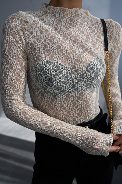 LOOSH Kadın Kemik Transparan Dantel Bluz