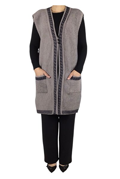 ECE GİYİM Women's Thick Plus Size Vest with Three Buttons on the Front, Patterned Pockets