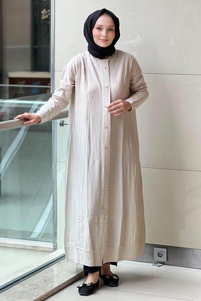 Mahal Crochet Knitwear Ribbed Detailed Max Length Knitwear Rayon Cardigan