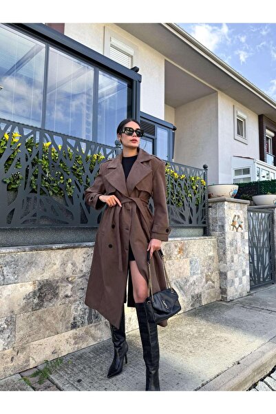 Julidress Double-Breasted Collar Lined Belted Long Premium Suede Trench Coat