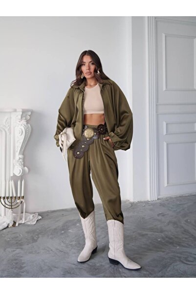 Miss Beyoğlu Kadın Yeni Sezon Haki Saten Bomber Ceket ve Şalvar Pantalon Alt ...