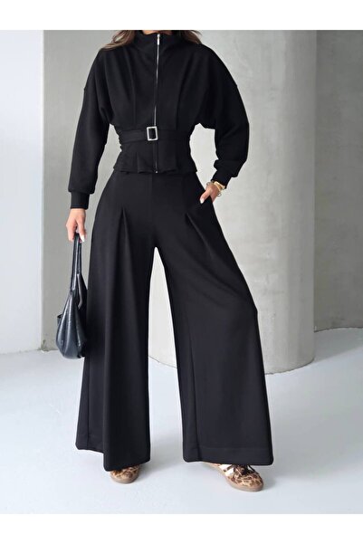 Miss Beyoğlu سترة نسائية من قماش المودال للموسم الجديد مع حزام وبنطلون فضفاض ...