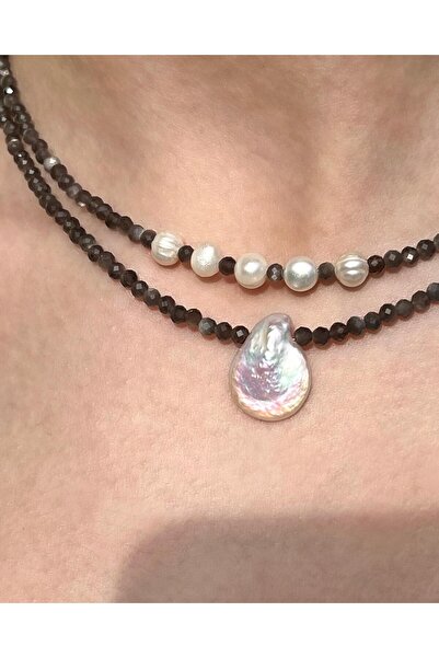 eyla collection Perlidian – Obsidyen & Gerçek İnci Detaylı İkili Çelik Kolye Seti