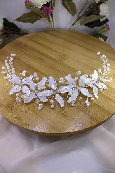 Tugiba Reçine Çiçekli, İncili Gelin Saç Aksesuarı, Tacı Ve Tokası (Nikah-Düğü...