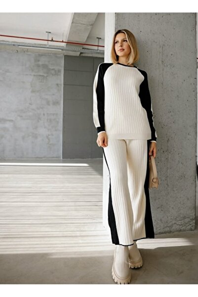 EsSo butik Women's Crew Neck Color Block Knitwear Set