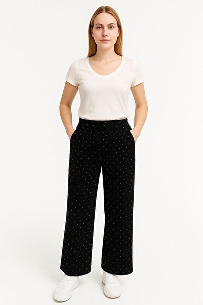 SOSYETE AVM Women's Black Front Stone Detailed Model Fabric Sweatpants