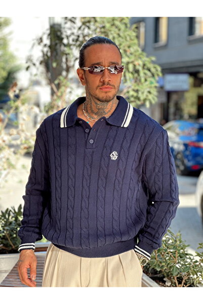 manch collection Saç Örgü Şerit Detaylı Örme Polo Yaka Sweatshirt Lacivert