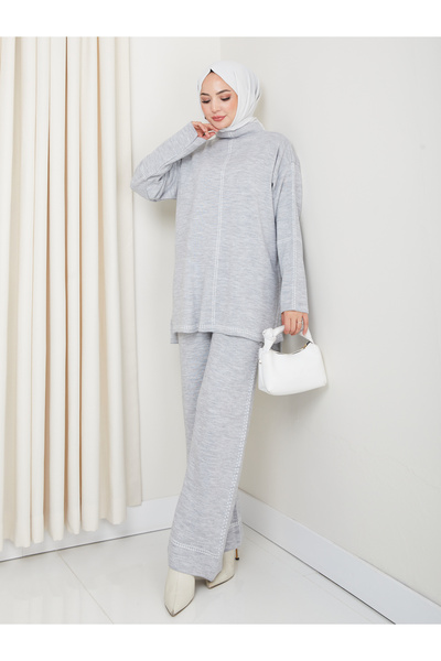 MY QILAM Women's Hijab Set Patterned Half Turtleneck Knitwear Bottom and Top Set Gray